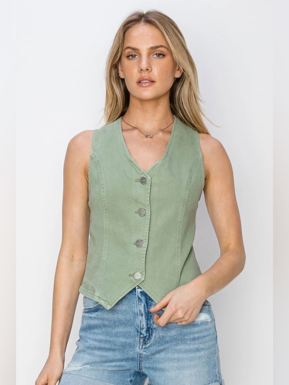 Risen V Neck Button-Front Denim Vest